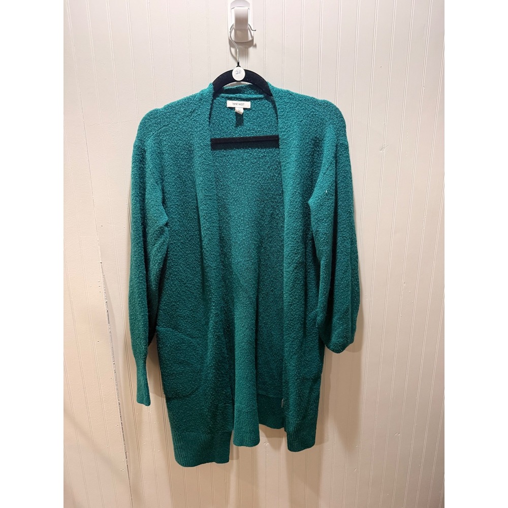 Nine West Womens Open Front Cardigan Sweater Teal Green Boucle Knit‎ XS